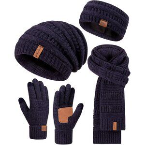Women Winter Beanie Scarf Gloves Headband Set Knit Warm 4 Piece Gift Navy